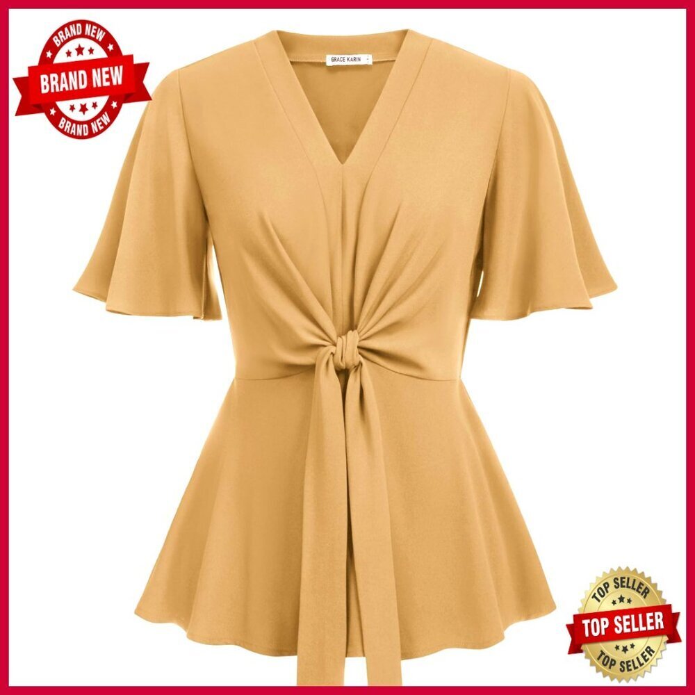 V-Neck Peplum Top with Bell Sleeves, Tie Front, Slim Fit Blouse